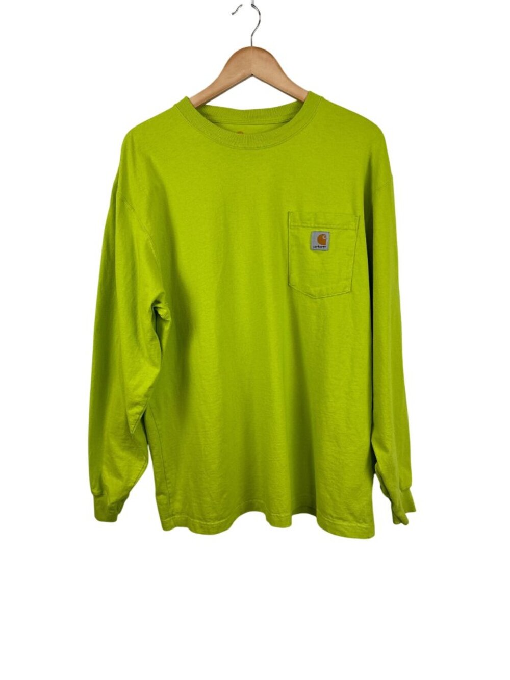 Carhartt Mens Long Sleeve Original Fit T-Shirt Neon Yellow L 100% Cotton Pocket